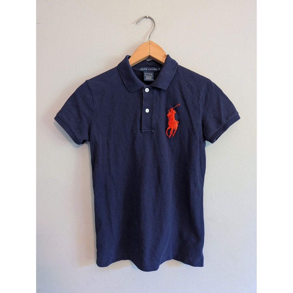 Y2K Ralph Lauren Womens Navy Blue Big Pony Polo Shirt Orange Logo RN 41381 Small
